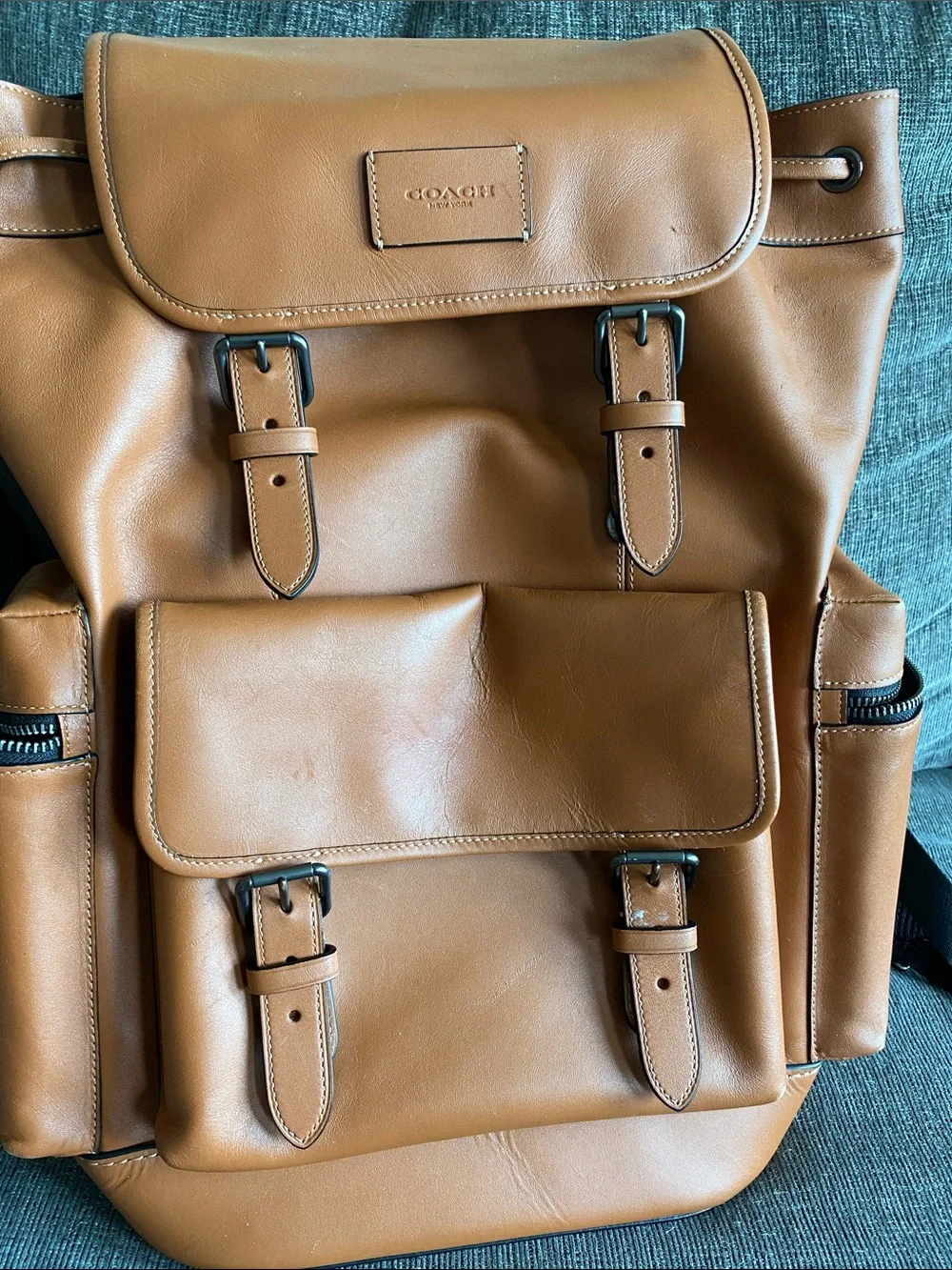 Coach Men’s Caramel Leather Backpack with Buckle Front